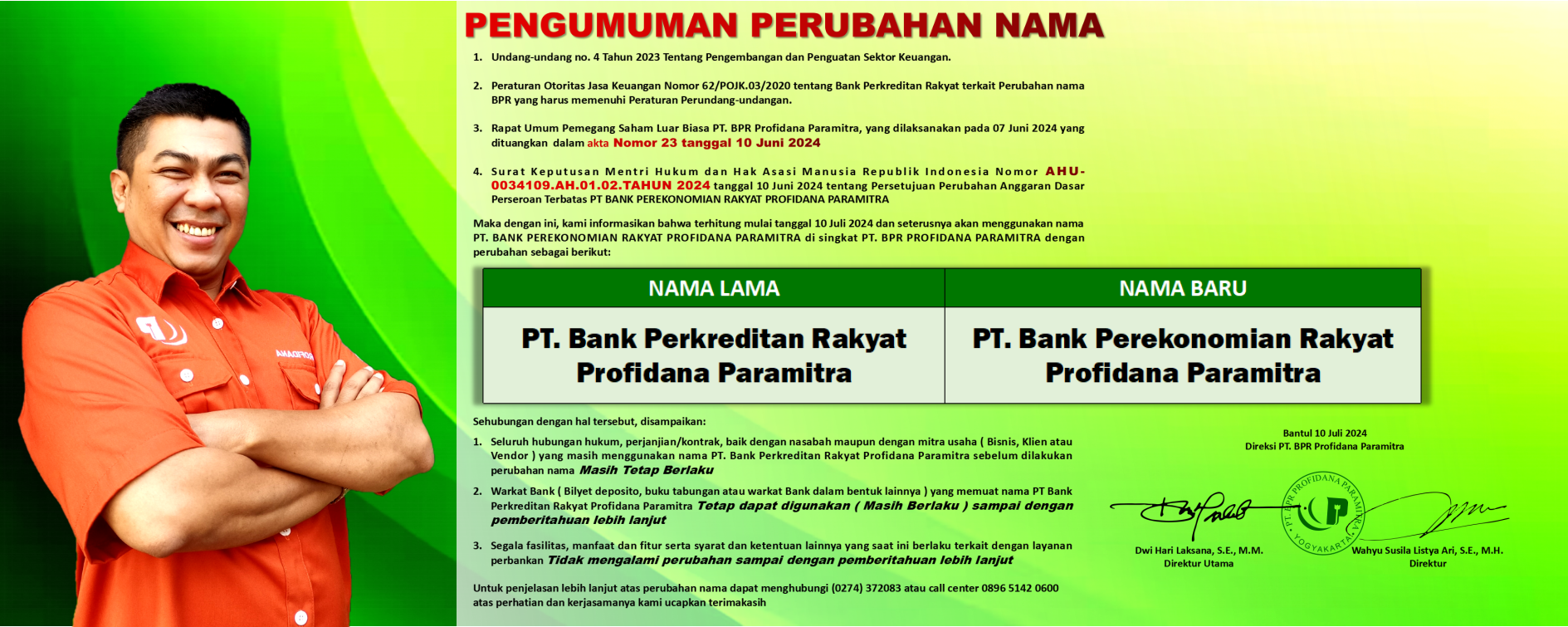 PENGUMUMAN PERUBAHAN NAMA BANK PEREKONOMIAN RAKYAT